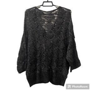 Womens Metallic Black Embellished Open Weave Sweater Size LG/XL